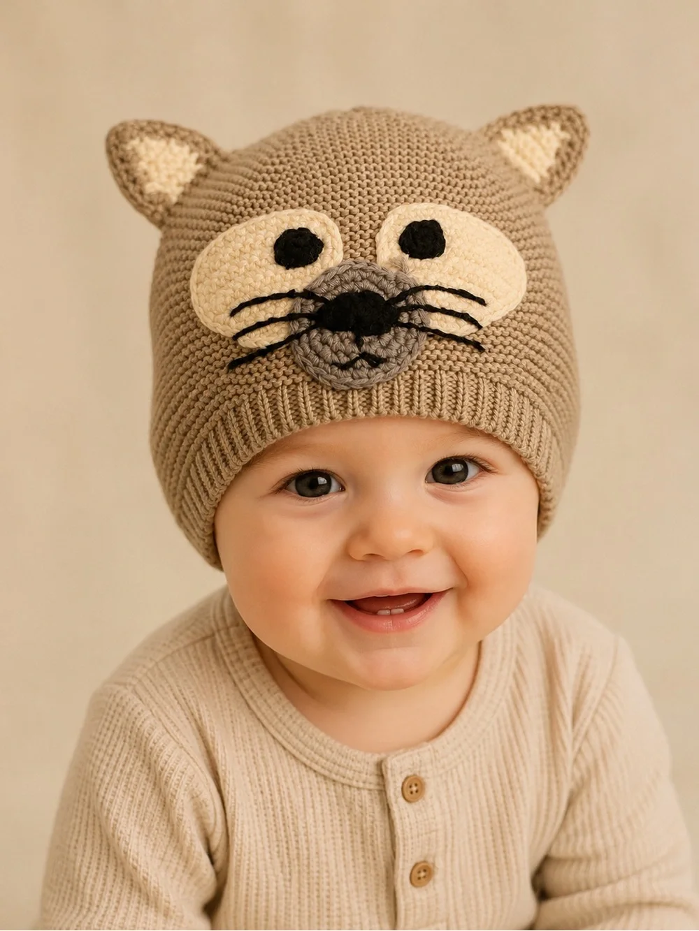 Kids Knit Cat Beanie Hat Crochet Face Ears Taupe Gray Cute Animal Winter Hat
